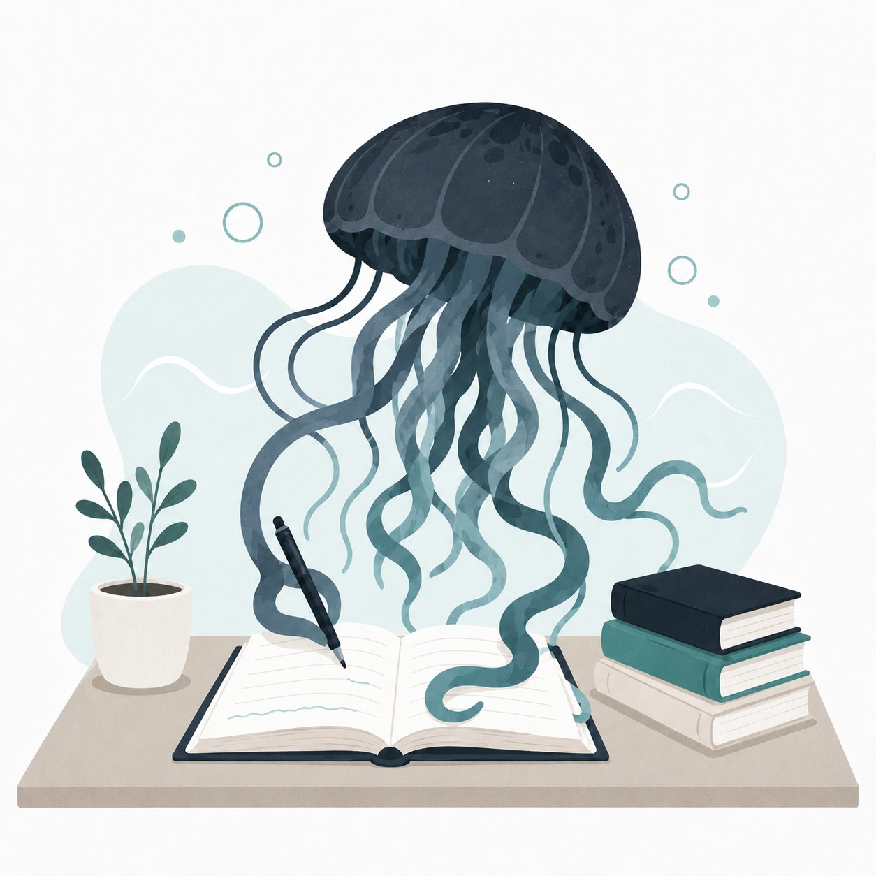 Illustration of a jellyfish writing in an open journal on a desk beside a stack of books and a potted plant.
